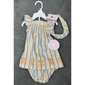 Btween 3M 3 nfant Outfit Set With Headband Yellow & Blue Stripes Embroidered Flo
